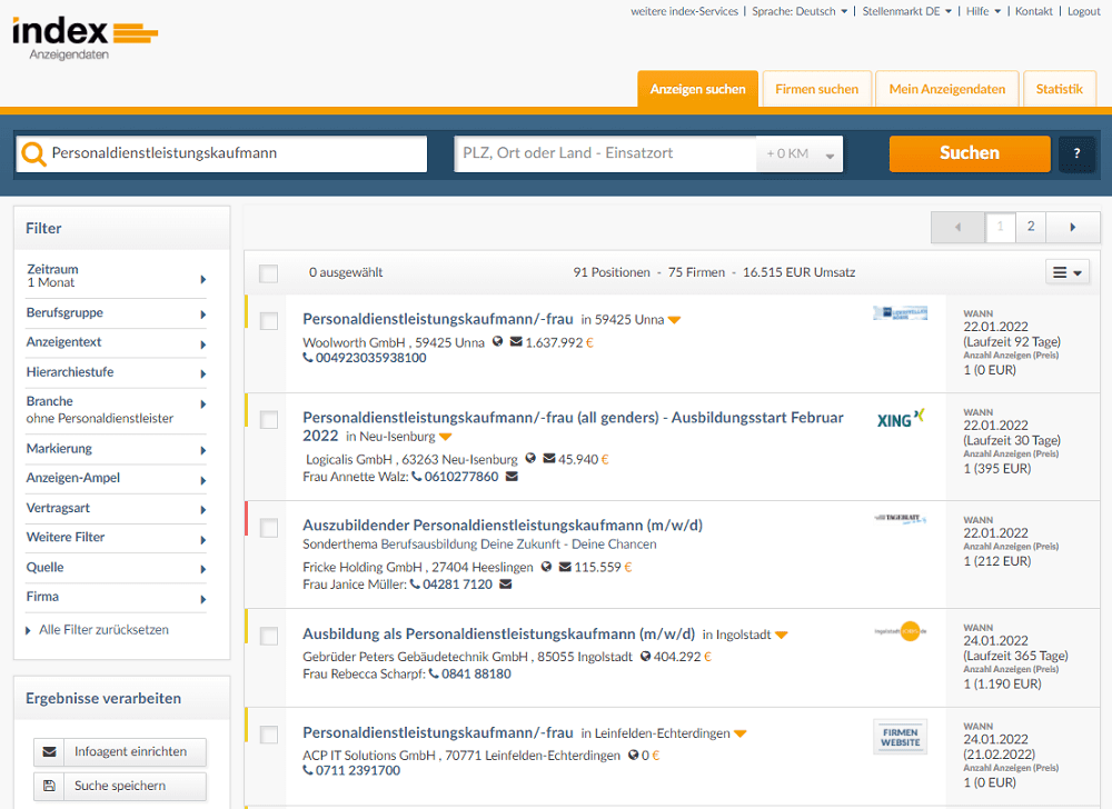 Nutzeroberfläche von index-Anzeigendaten