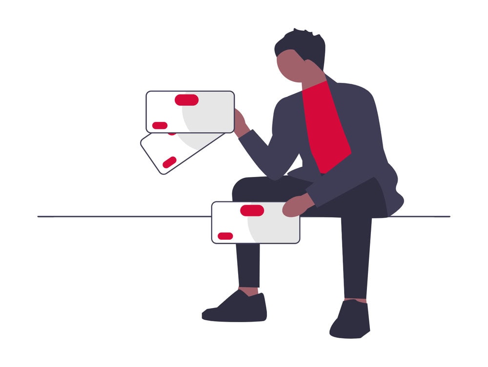 Illustration einer Person, die mehrere große Visitenkarten oder Dokumente in den Händen hält