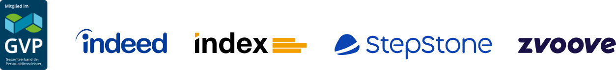 Logos der Kooperationspartner GVP, Indeed, Index, StepStone, Tutum und Zvoove