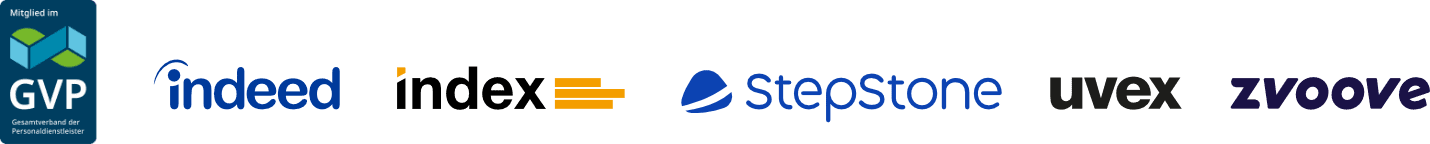 Logos der Kooperationspartner GVP, Indeed, Index, StepStone, Uvex und Zvoove