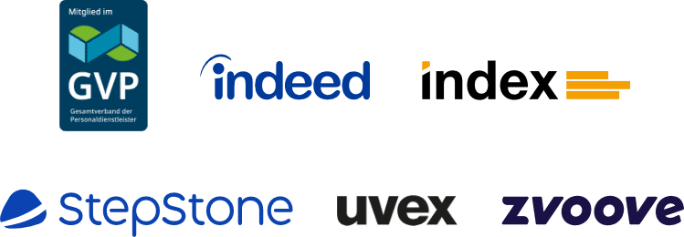 Logos der Kooperationspartner GVP, Indeed, Index, StepStone, Uvex und Zvoove