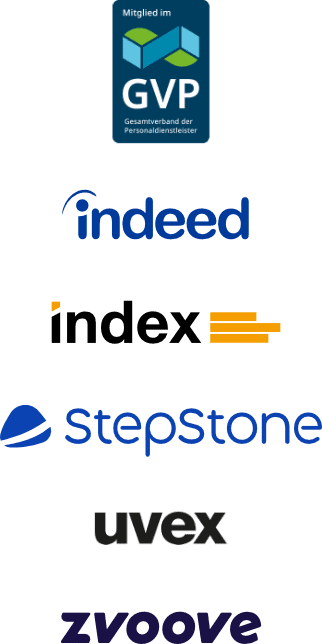 Logos der Kooperationspartner GVP, Indeed, Index, StepStone, Uvex und Zvoove