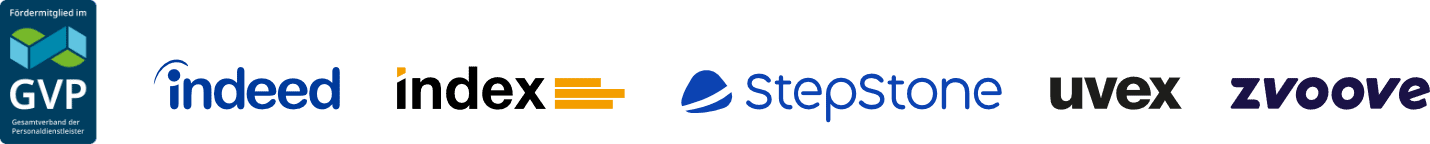 Logos der Kooperationspartner GVP, Indeed, Index, StepStone, Uvex und Zvoove