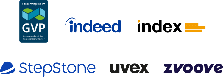 Logos der Kooperationspartner GVP, Indeed, Index, StepStone, Uvex und Zvoove