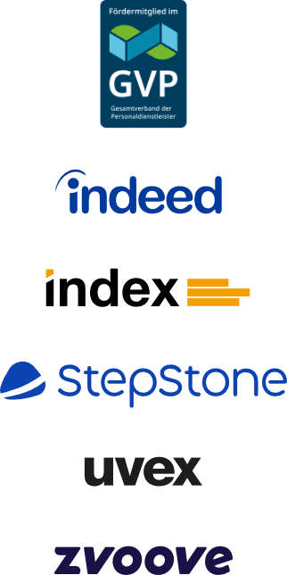 Logos der Kooperationspartner GVP, Indeed, Index, StepStone, Uvex und Zvoove