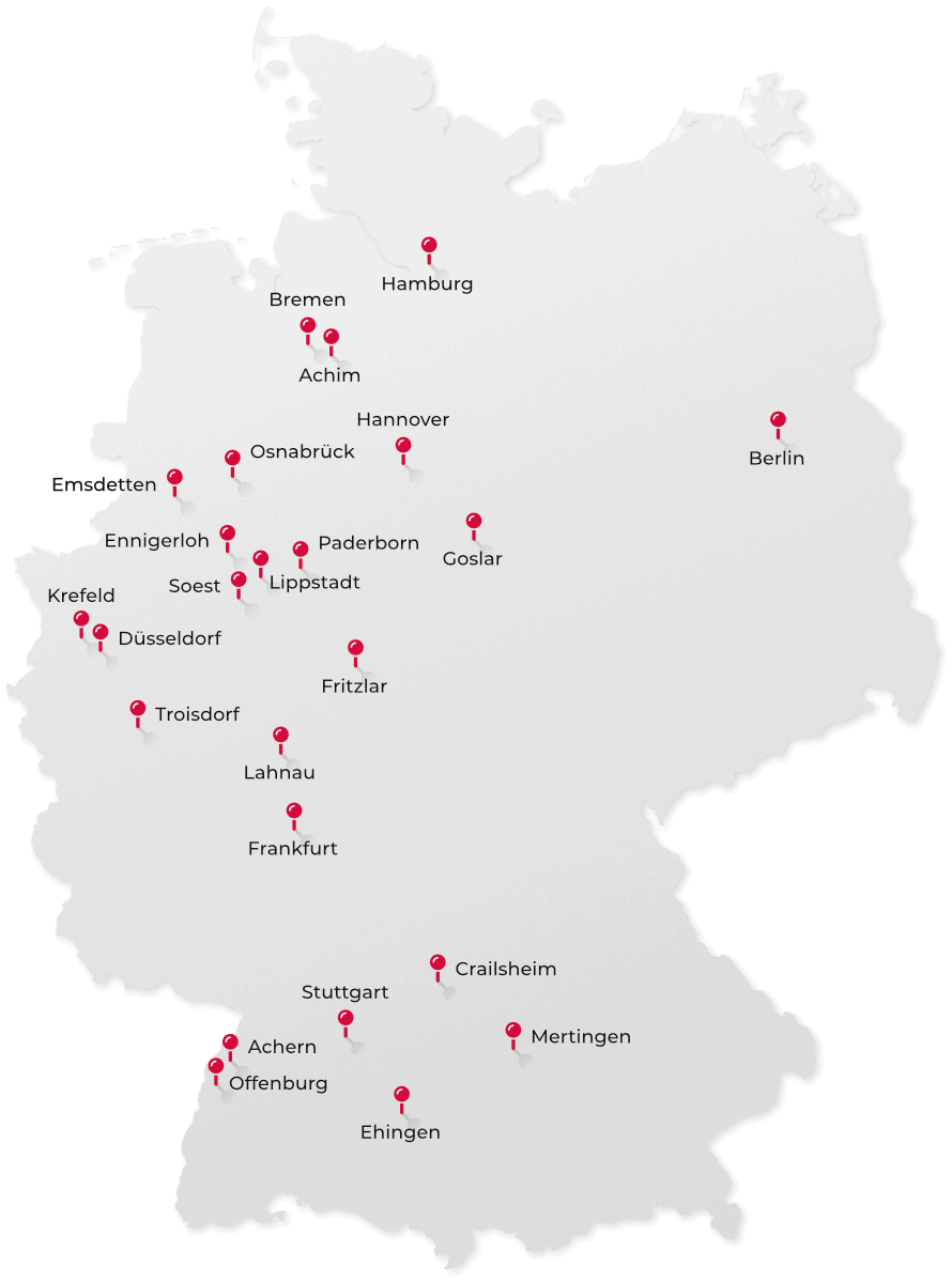 Karte von Deutschland mit markierten Unternehmensstandorten